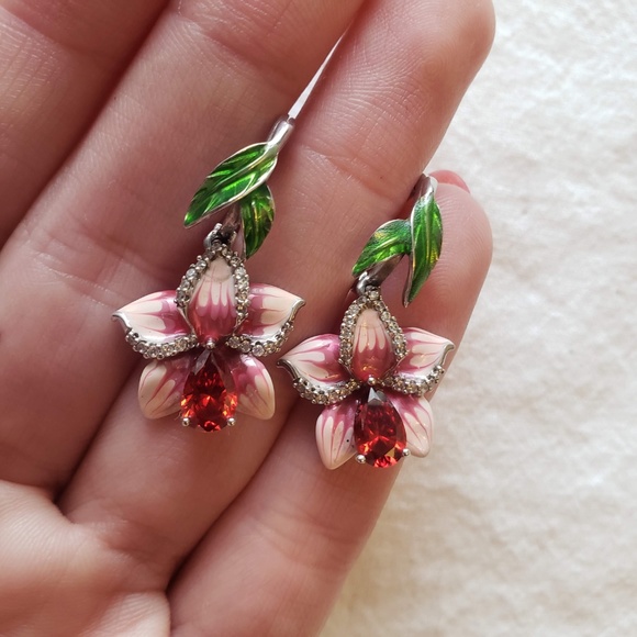 Flower Silver Earrings Red Crystal - Picture 5 of 5